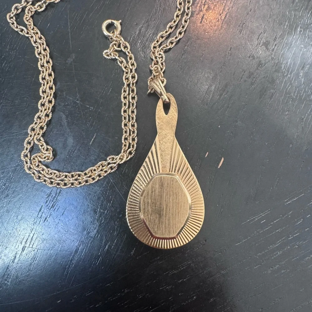 Vintage Lucite Watch Dial Pendant MCM Teardrop Necklace Gold Tone